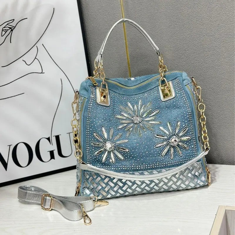 Classy Rhinestone Denim Satchel