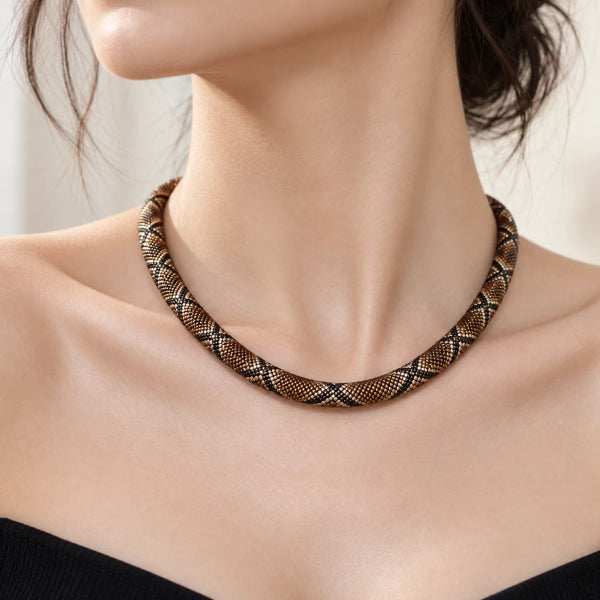 Snake Chain Necklace, Red Black Silver Patterned Statement Necklace