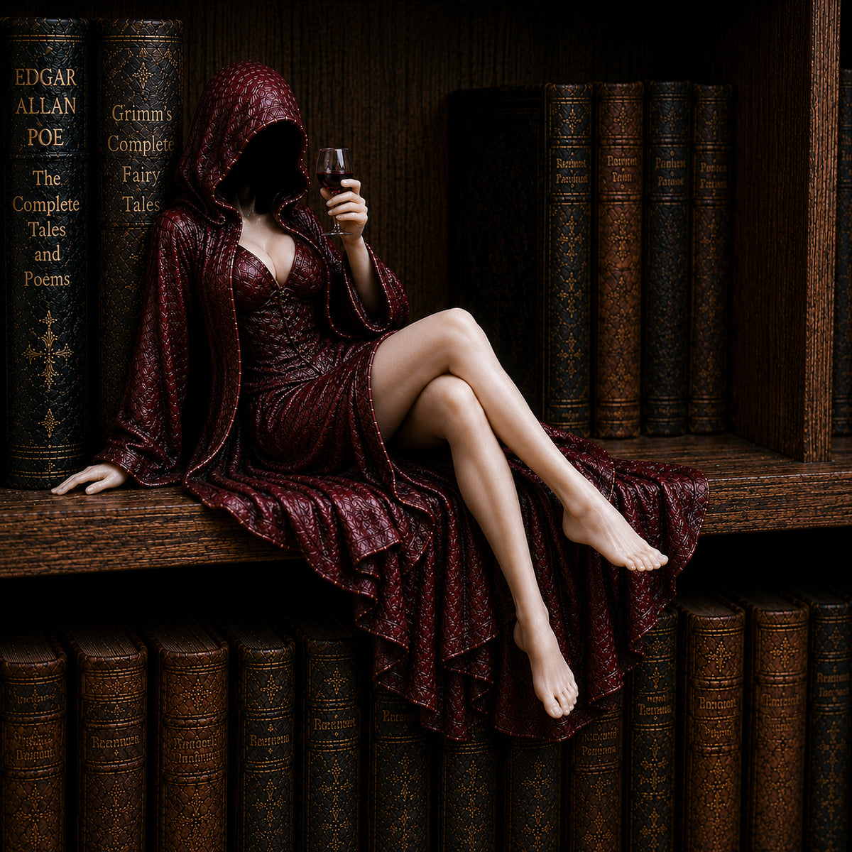 "Midnight Reader" Hooded Wine Muse Bookshelf Statue – Gothic Fantasy Shelf Decor