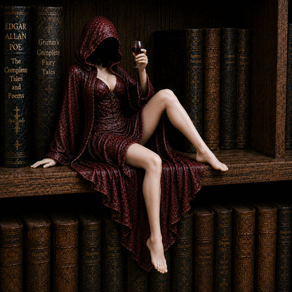"Midnight Reader" Hooded Wine Muse Bookshelf Statue – Gothic Fantasy Shelf Decor