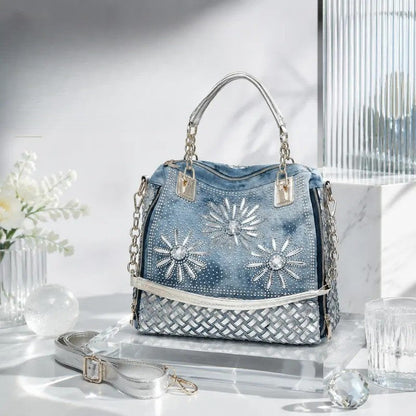 Classy Rhinestone Denim Satchel