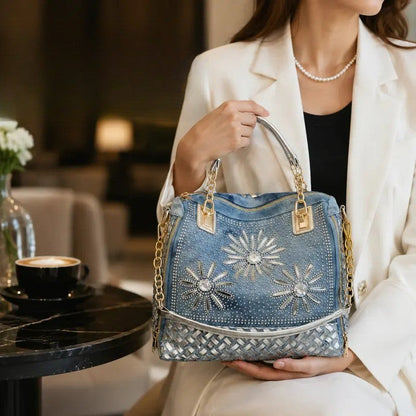 Classy Rhinestone Denim Satchel
