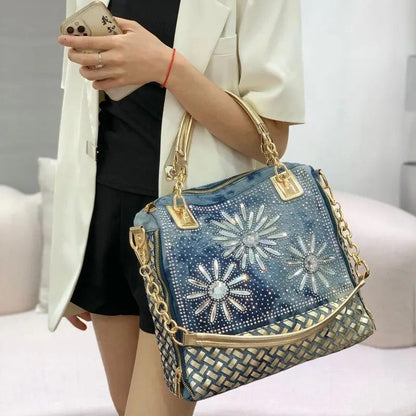 Classy Rhinestone Denim Satchel